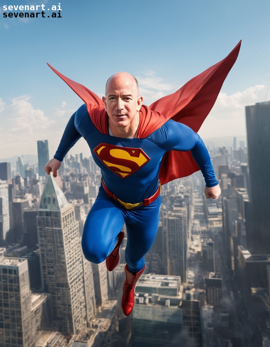 Jeff Bezos in a superhero costume, flying through the city with a giant ...