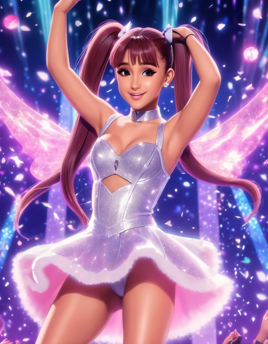 ariana grande, anime, magical, stage, colorful lights, sparkles