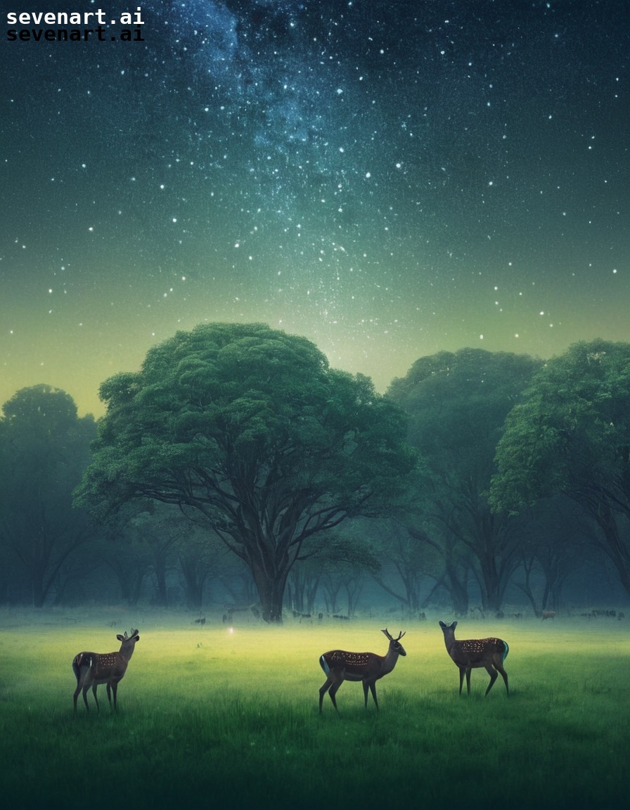 nature, meadow, deer, night, stars