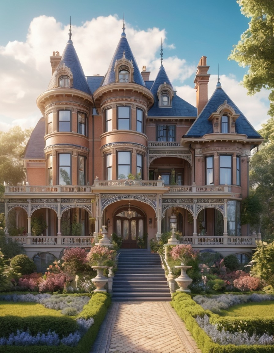 victorian mansion, intricate details, sprawling garden, architecture