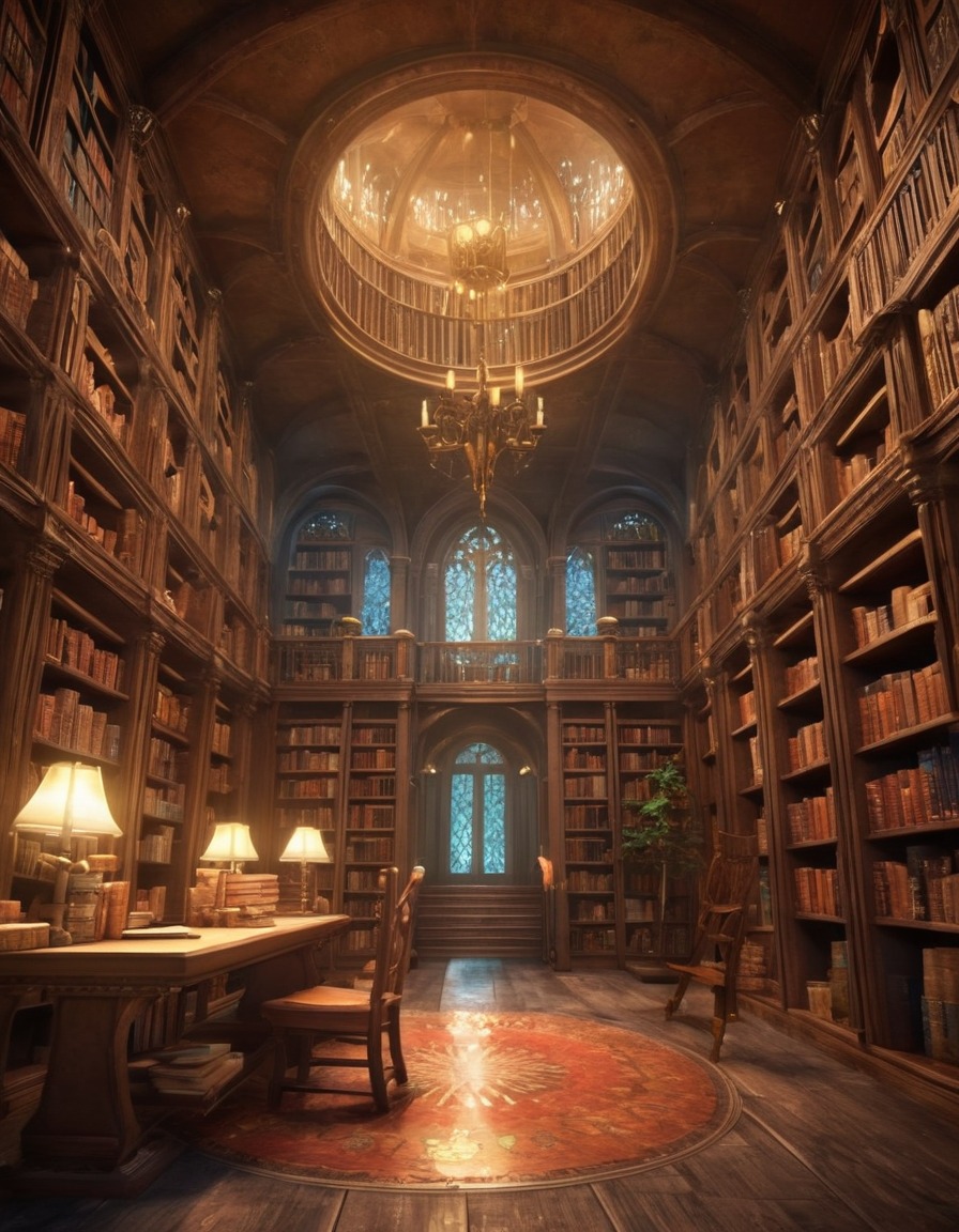 magical library, flying books, reading books, enchanted, fantasy scene