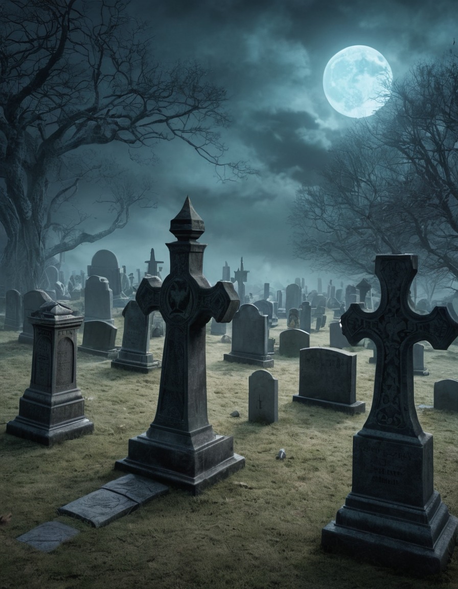 haunted graveyard, ghostly apparitions, fantasy scene, tombstones, ghosts, supernatural, hauntings