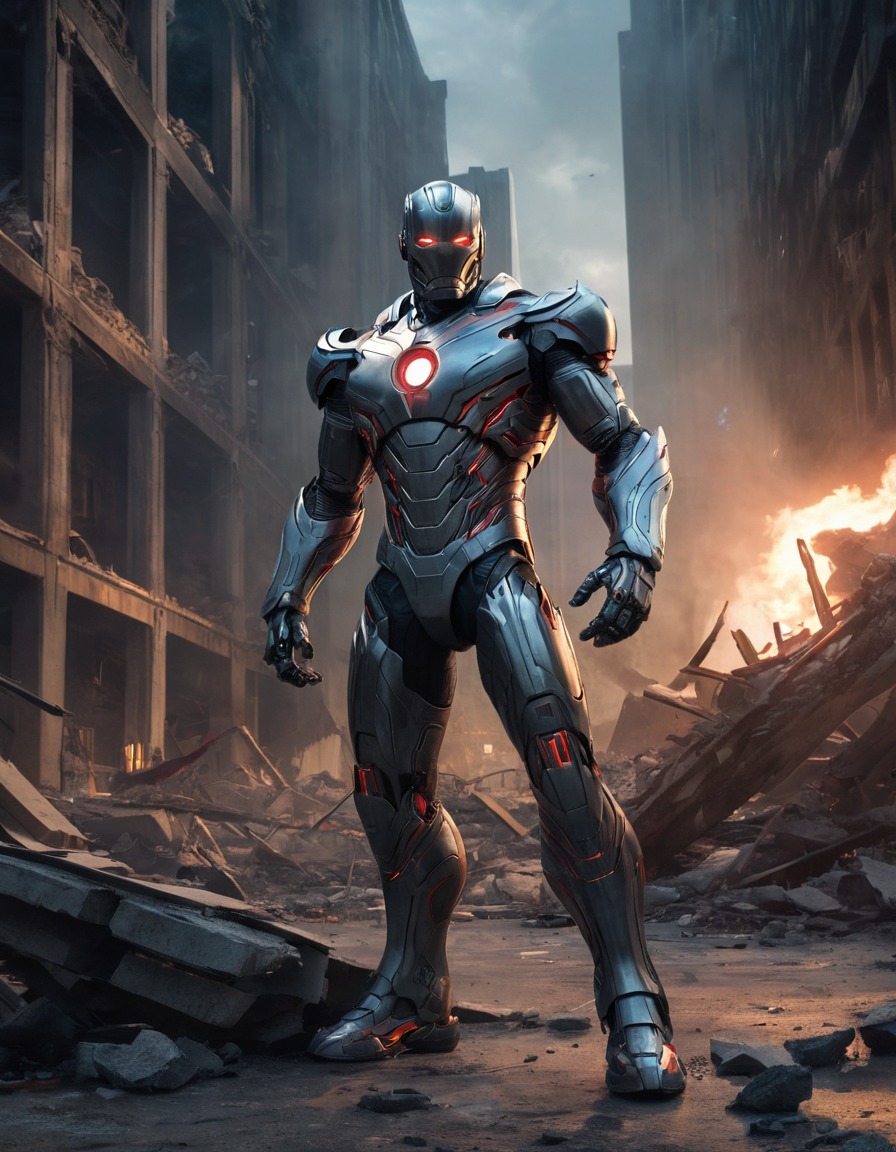 ultron, destroyed city, menacing, glowing eyes, robots, games, movies