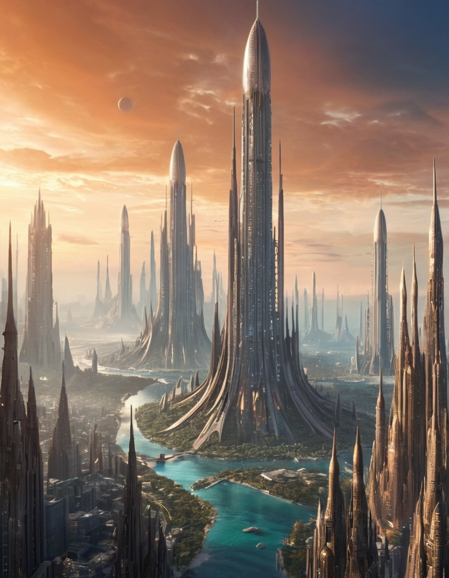 alien, cityscape, towering structures, futuristic buildings, extraterrestrial, aliens