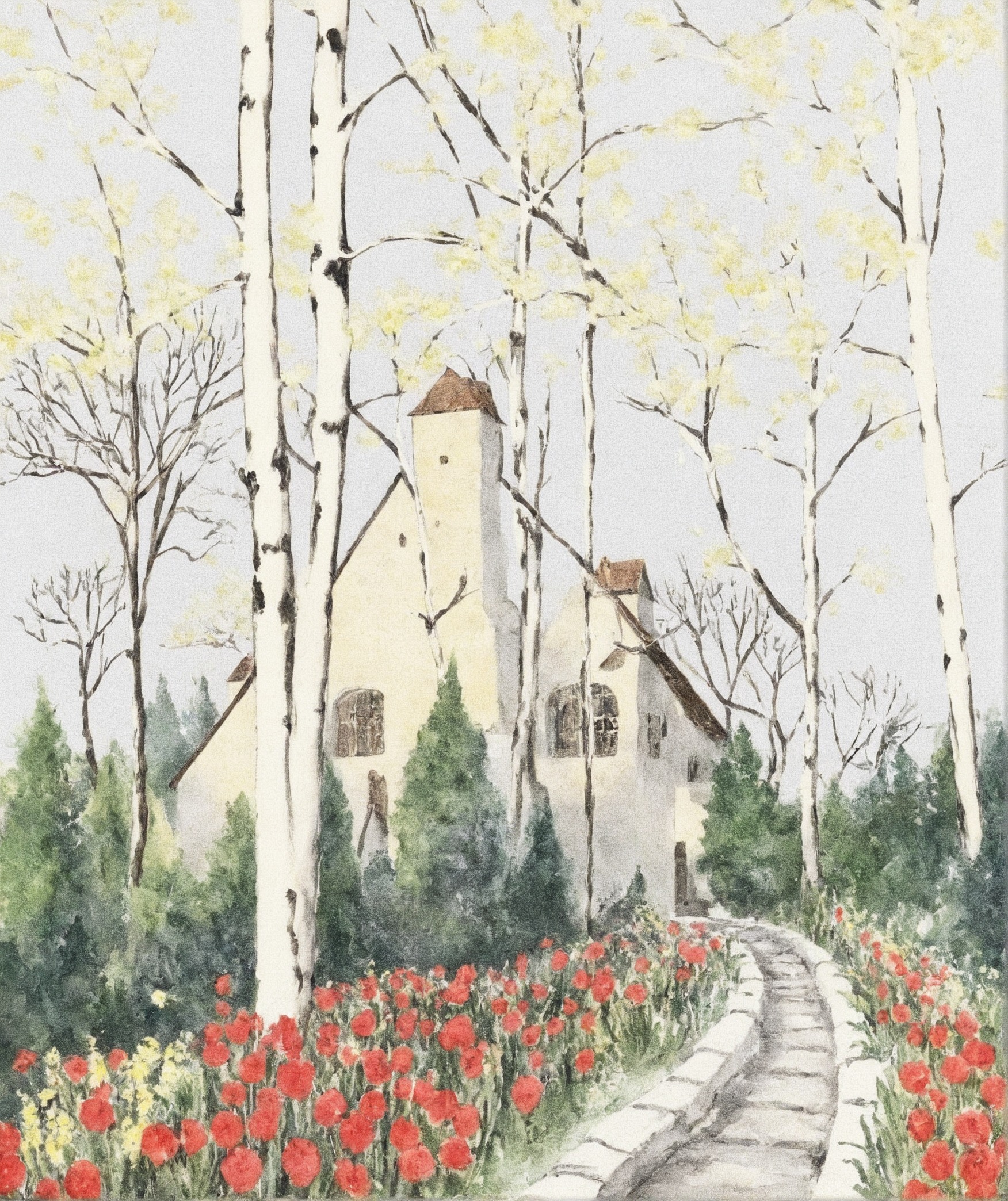 landscape, illustration, tulips, houses