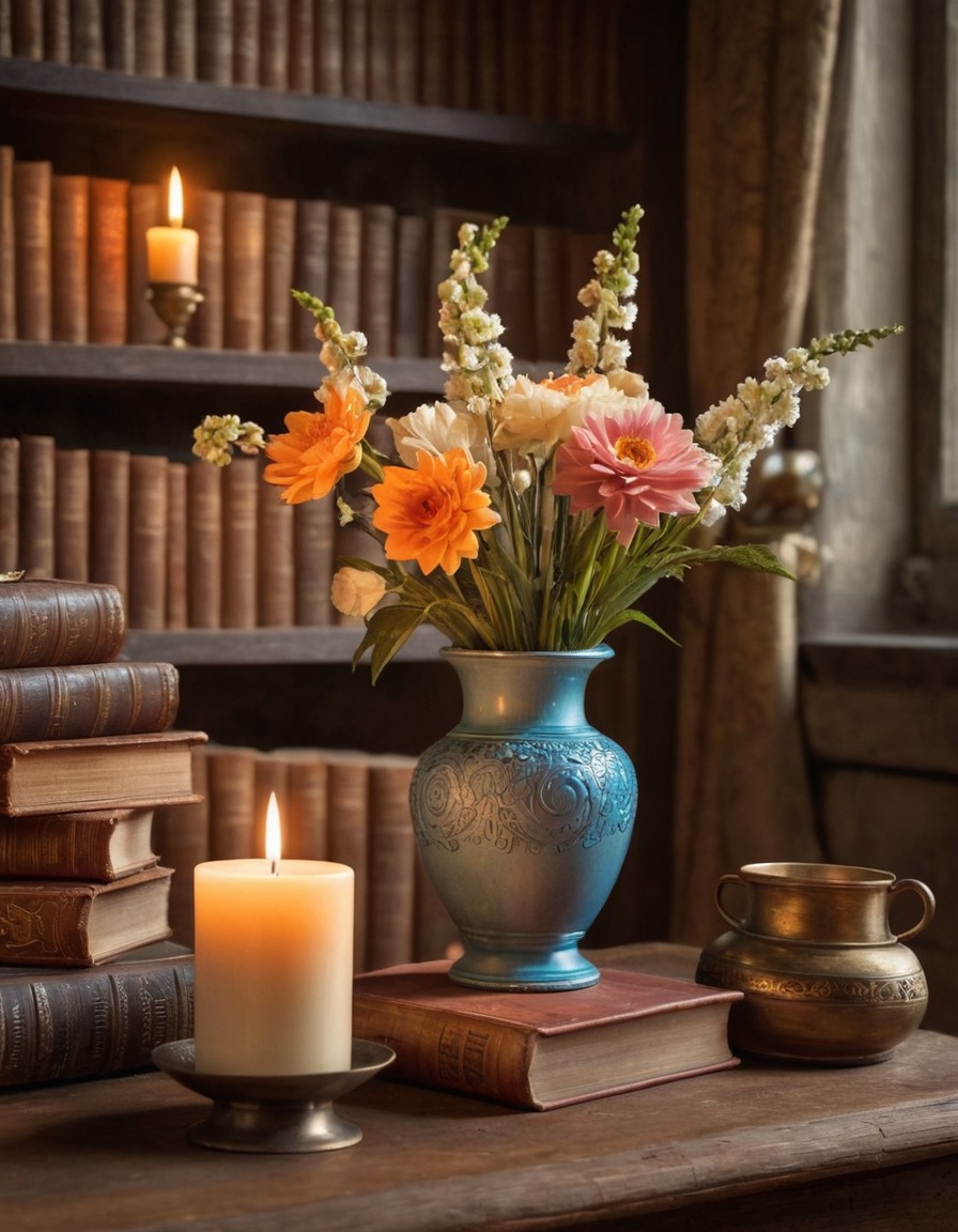 flowers, vase, books, candle, tranquility