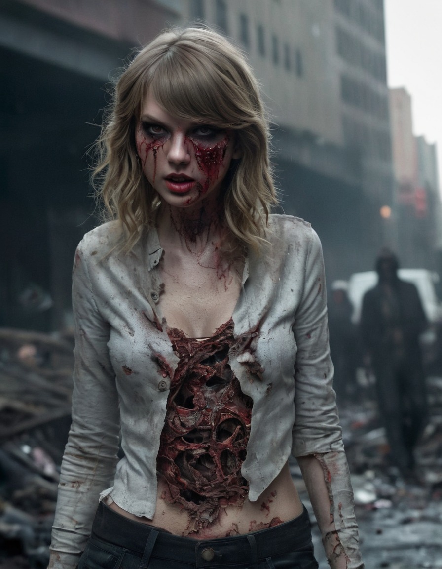 taylor swift, zombie, decay, post-apocalyptic, horror, glowing eyes, celebrities