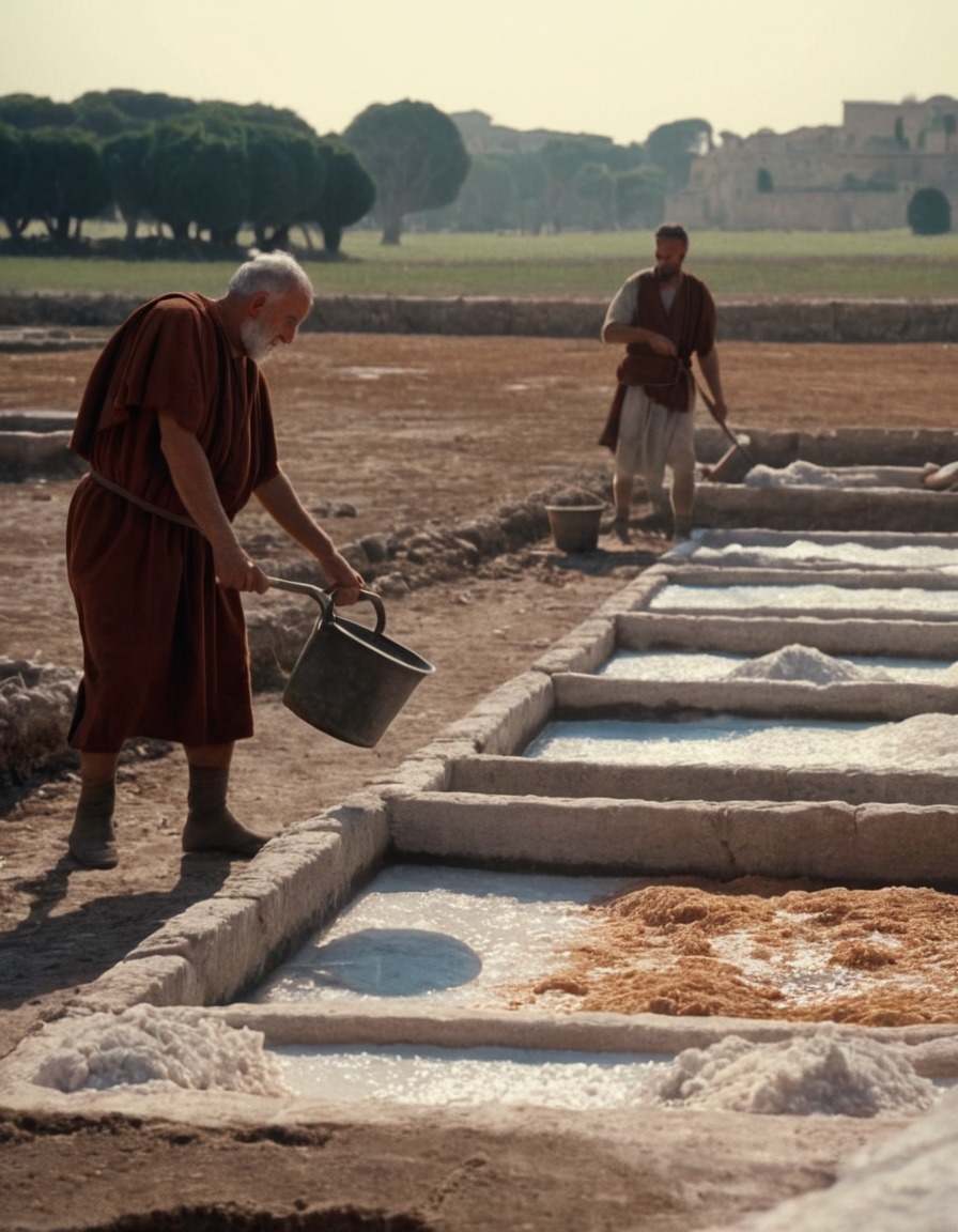 ancient rome, salt pans, salt extraction, men at work, ancient technology, salt production, daily life