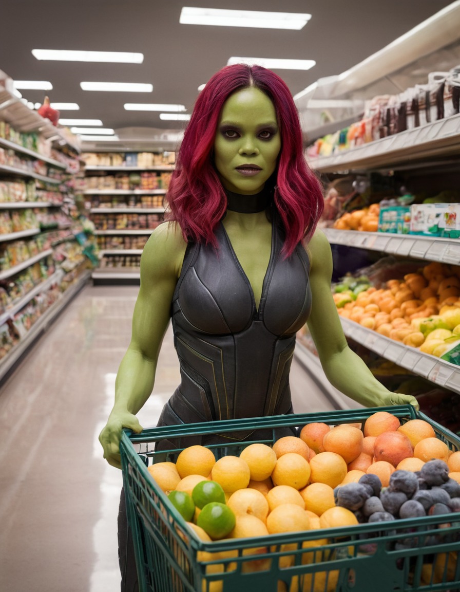 sci-fi, guardians of the galaxy, alien, shopping, fruits, superhero, superheroine, bikini