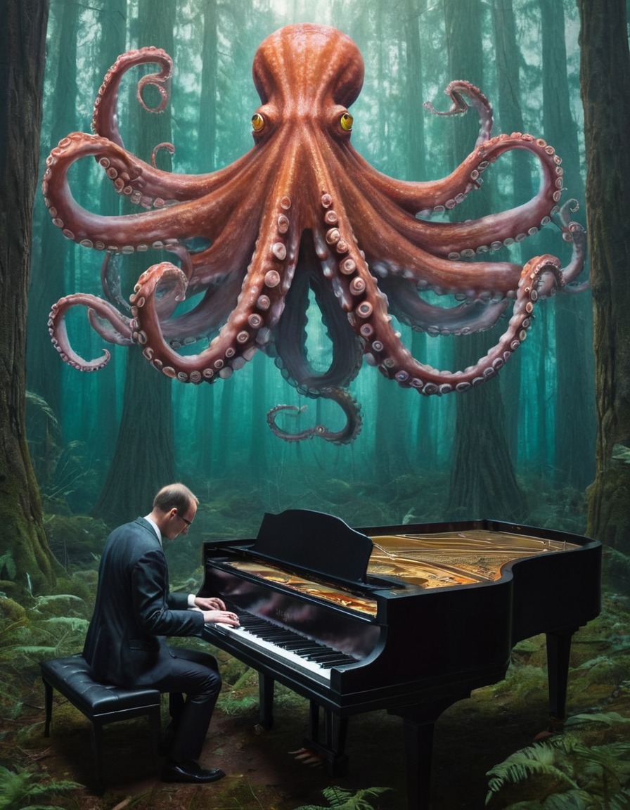 octopus, piano, forest, music, surreal