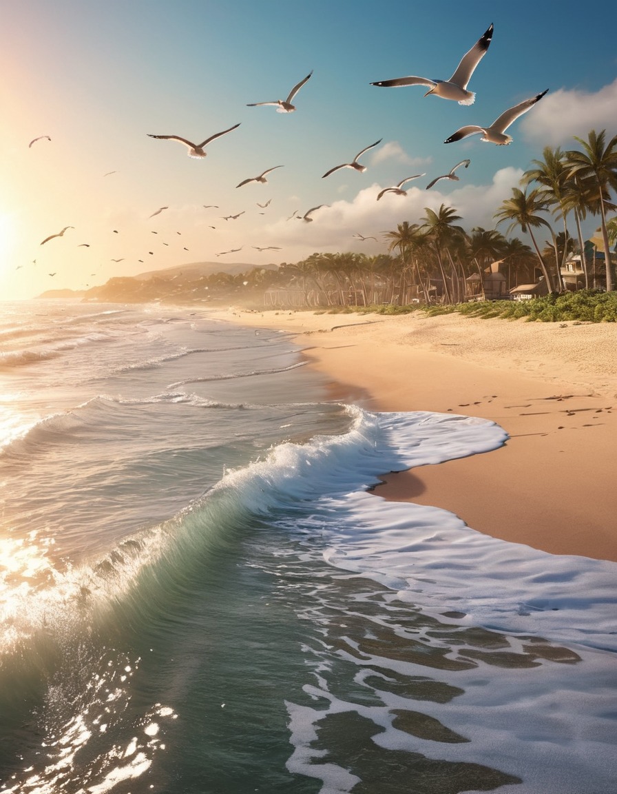 beach, waves, seagulls, nature, serenity