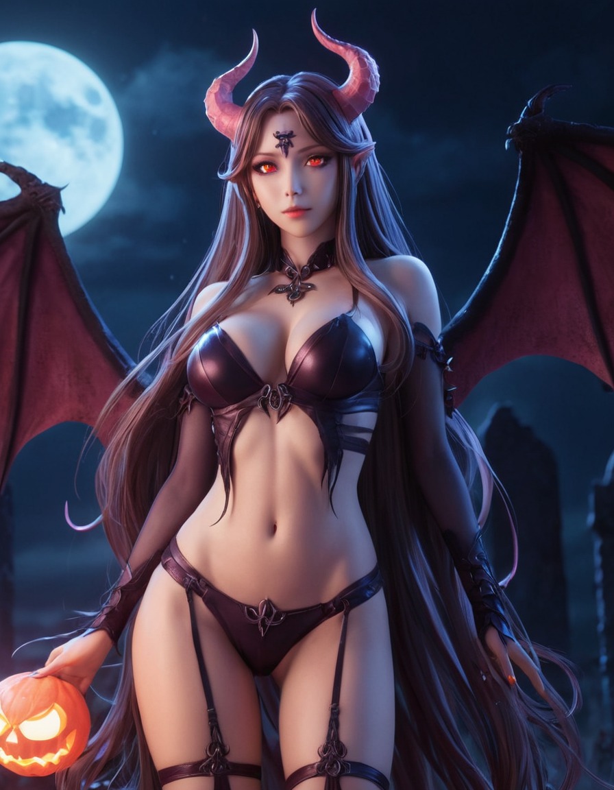 succubus, long hair, glowing eyes, moonlit, graveyard, fantasy, supernatural