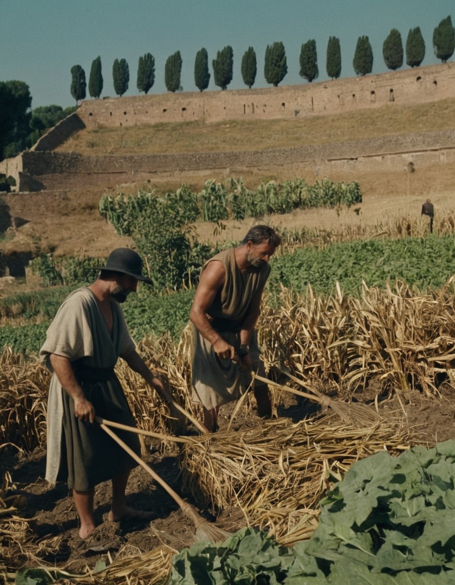 harvesting, crops, sickles, men, ancient rome, agriculture, 100 ad