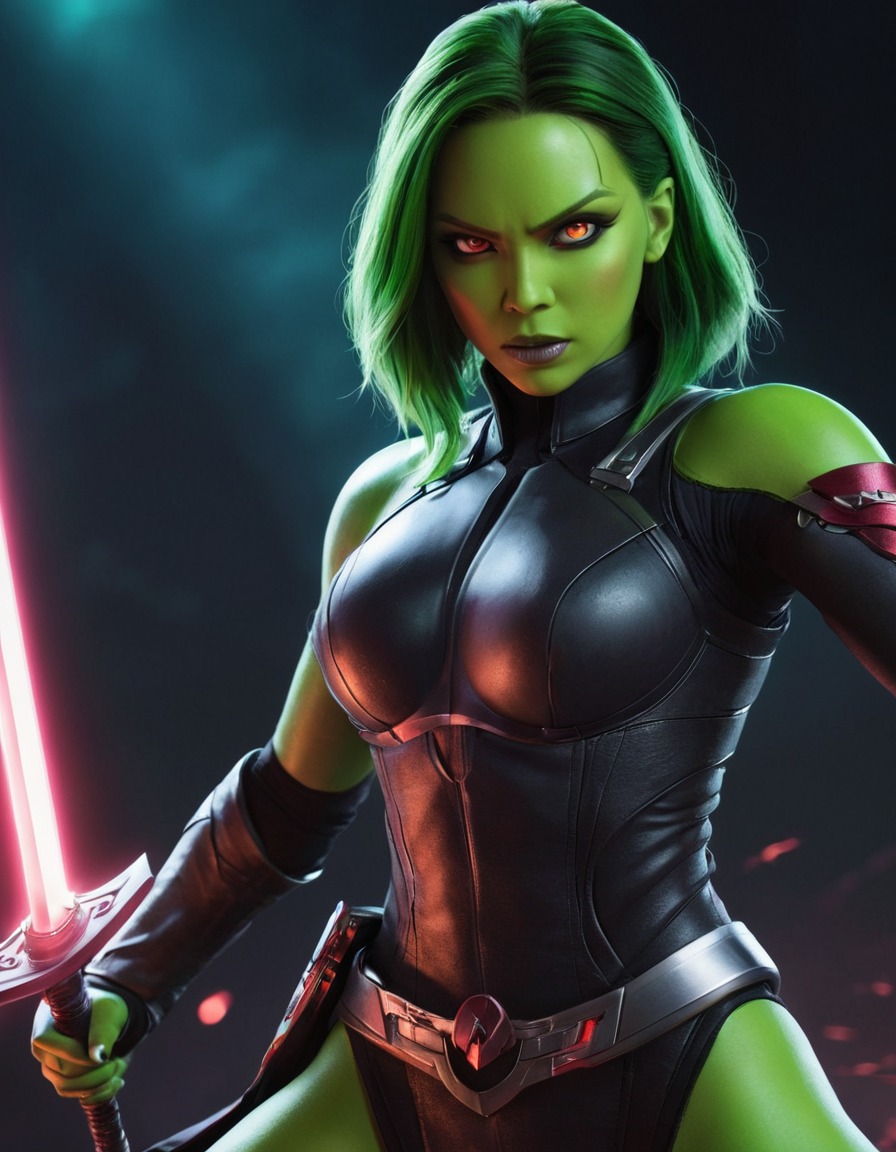 gamora, warrior, glowing eyes, sword, anime, marvel