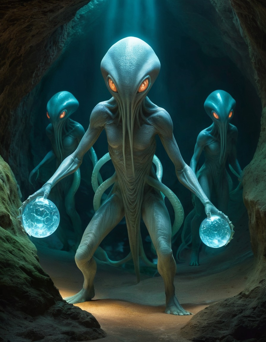 alien, humanoid, eyes, tentacles, exploration, crystal cave, extraterrestrial, aliens