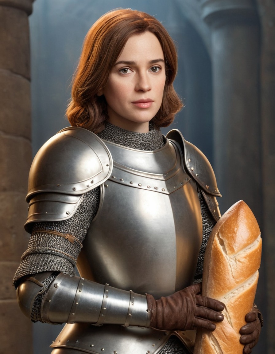 joan of arc, caricature, oversized armor, baguette, humor, funny