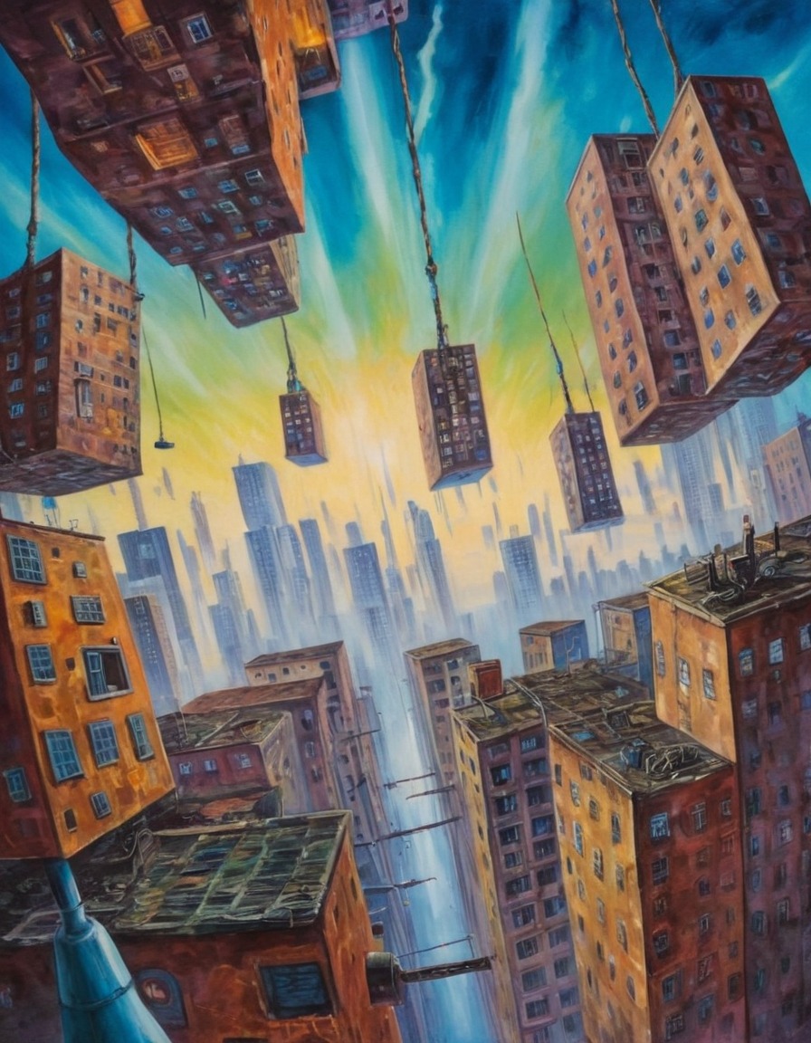 surreal, upside down, cityscape, buildings hanging from the sky