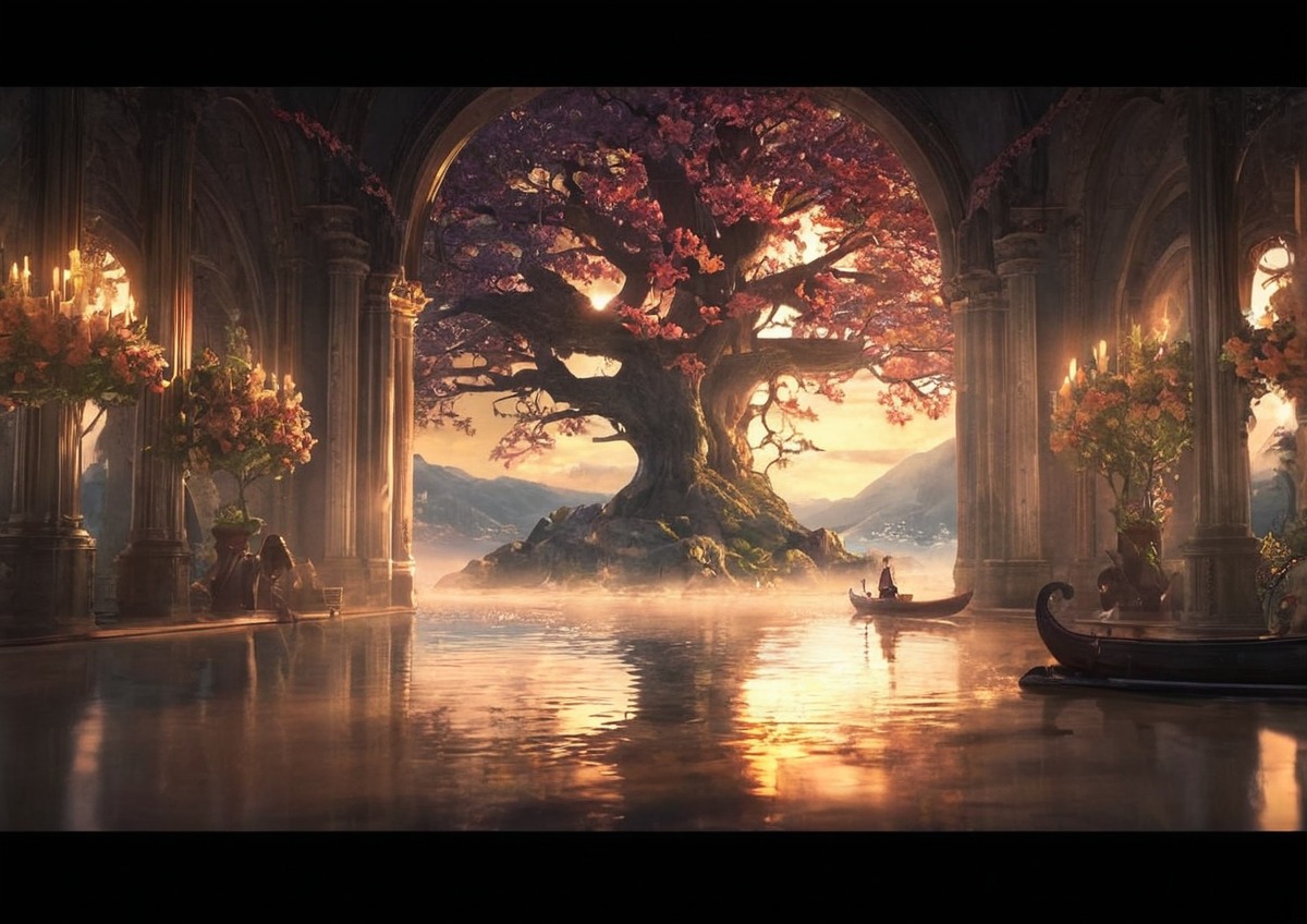 surreal, epic, drama, conceptart, wallpaper, fantasyart, digitalart, boat, cherryblossom, love, originaldesign, scenery