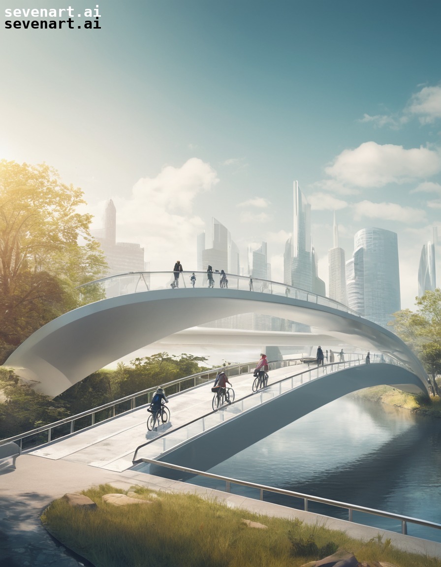 futuristic, pedestrian bridge, cyclists, pedestrians, cityscape, modern city, city