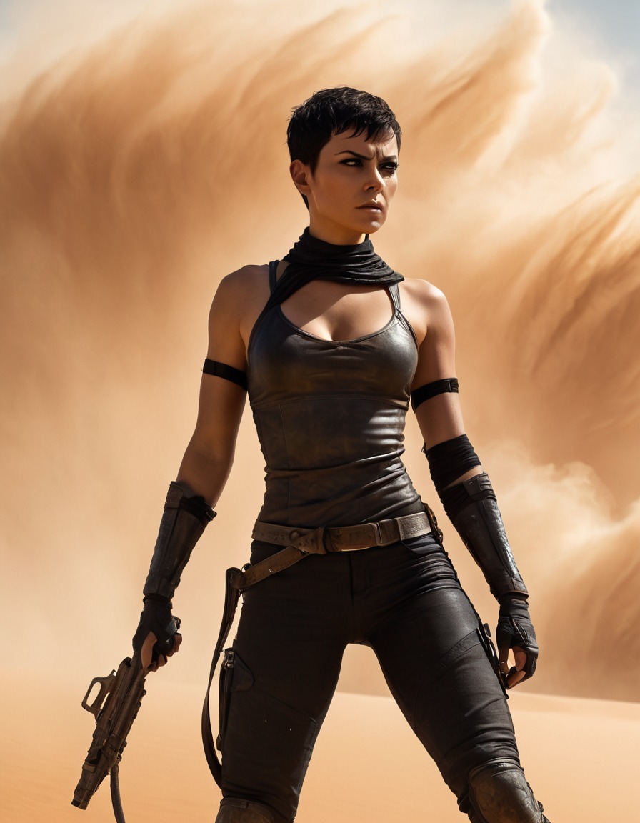 furiosa, mad max, post-apocalyptic, sandstorm, strong, silhouette