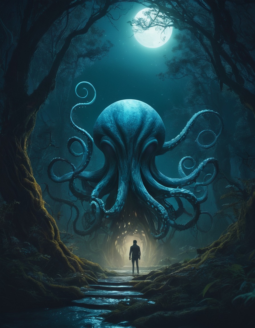 fantasy, otherworldly, tentacles, portal, moonlit forest, lovecraft, howard lovecraft