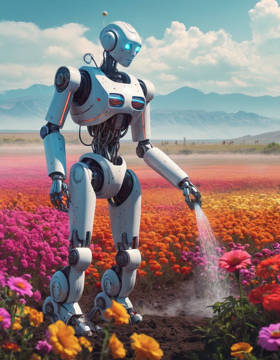 robot, humanoid, field, flowers, post-apocalyptic, robots