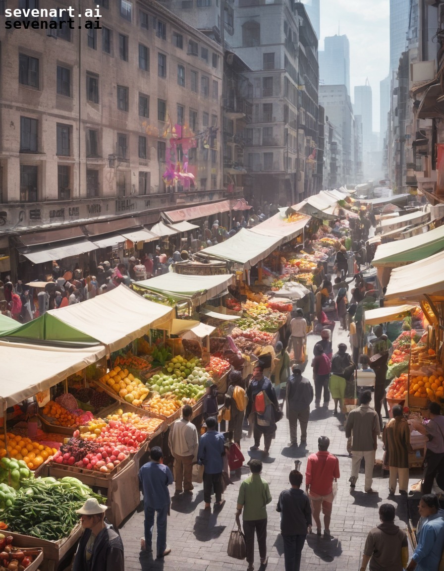 modern city, outdoor market, vendors, fruits, vegetables, city