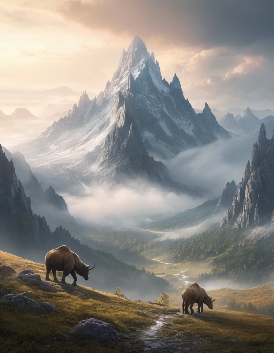 mountain range, misty, mystical, giant creatures, fantastic