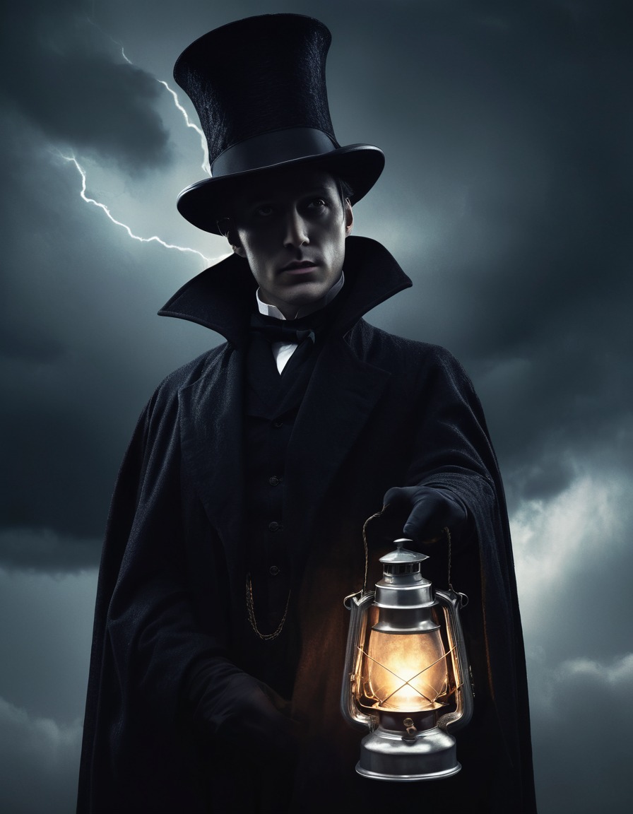 mysterious figure, top hat, cloak, lantern, stormy sky, gothic, underground, dark