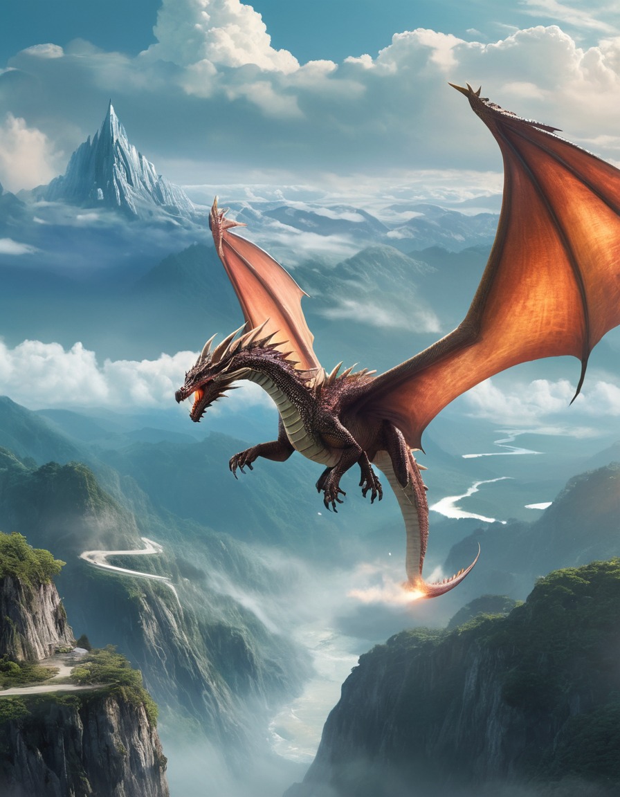 fantasy, dragon, soaring, ethereal, landscape