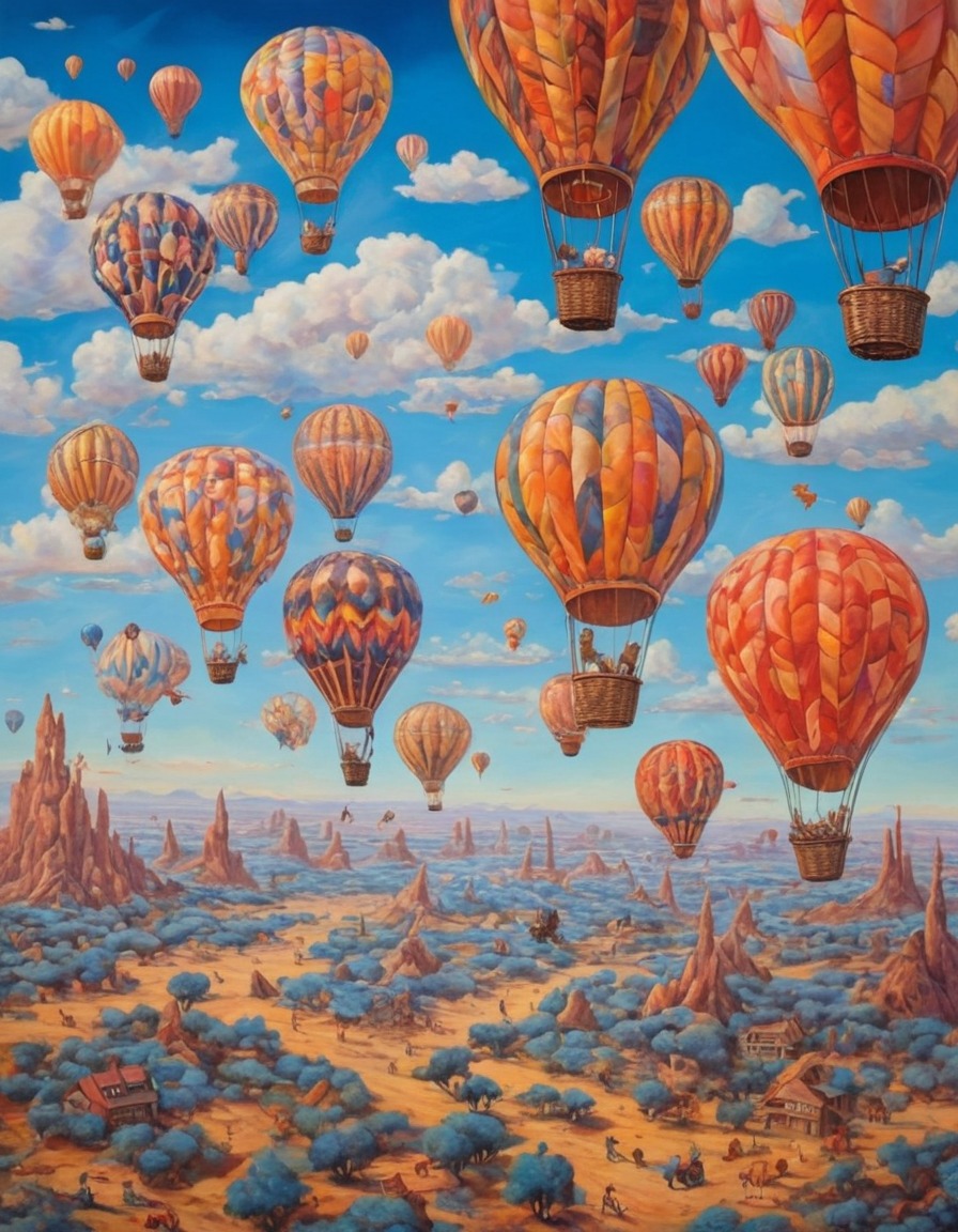 hot air balloons, animals, sky, adventure, travel, surreal