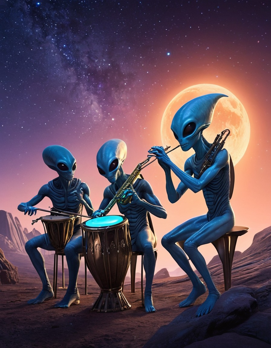 alien, musicians, instruments, glowing, crystalline, starlit sky, extraterrestrial, aliens