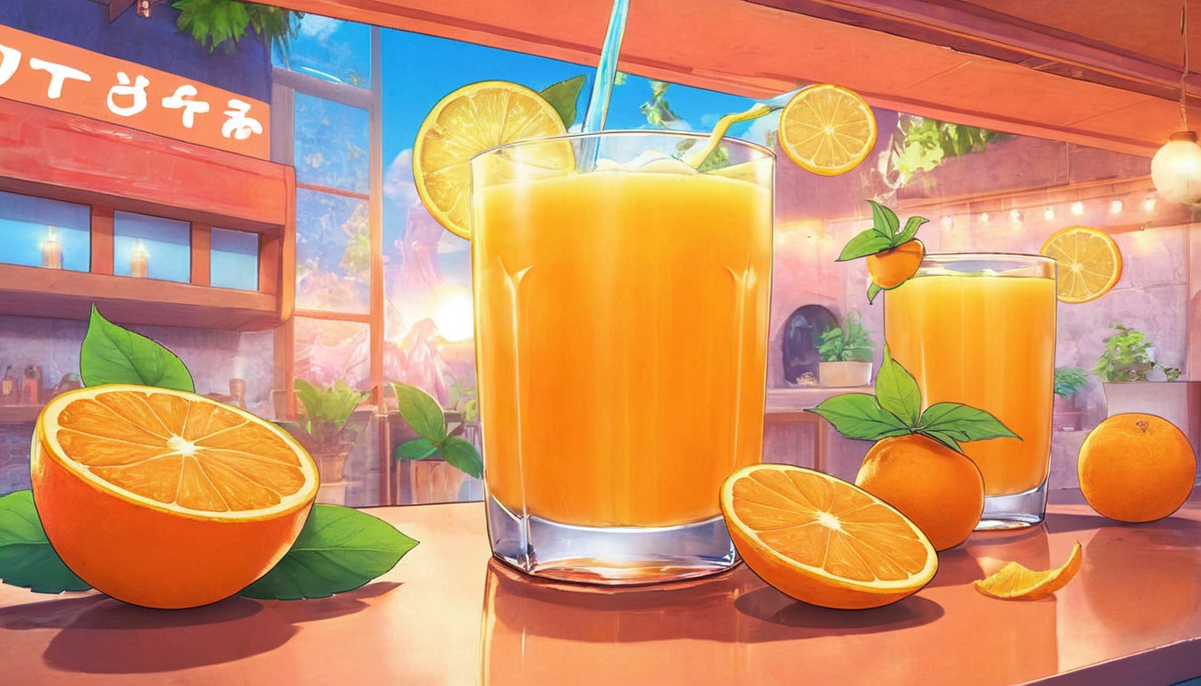 anime, wallpaper, dreamup, digitalart, fanart, digitalpainting, juice, orange, orange_juice, orangejuice, restaurants, ai_art