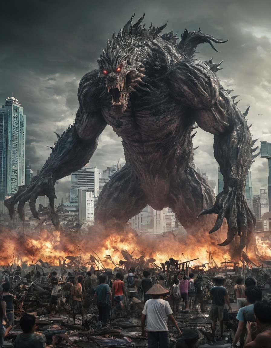 bangkok skyline, monster, attack, cityscape, destruction, fantasy