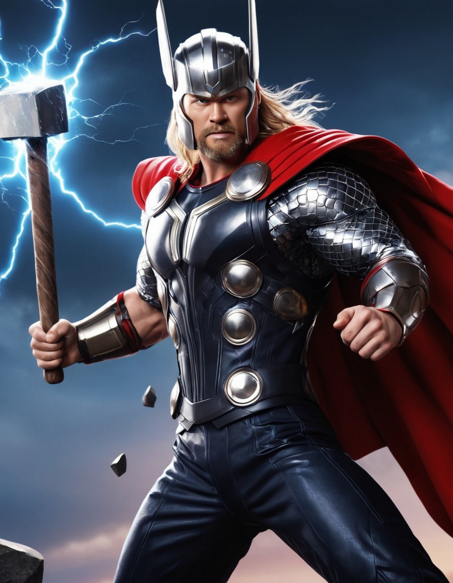 thor, norse god, superhero, transformation, sleek costume, hammer, electricity, modern-day, anime, marvel