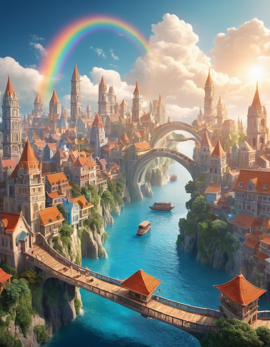 floating city, clouds, rainbow bridges, fantasy, architecture, dreamlike, visionary