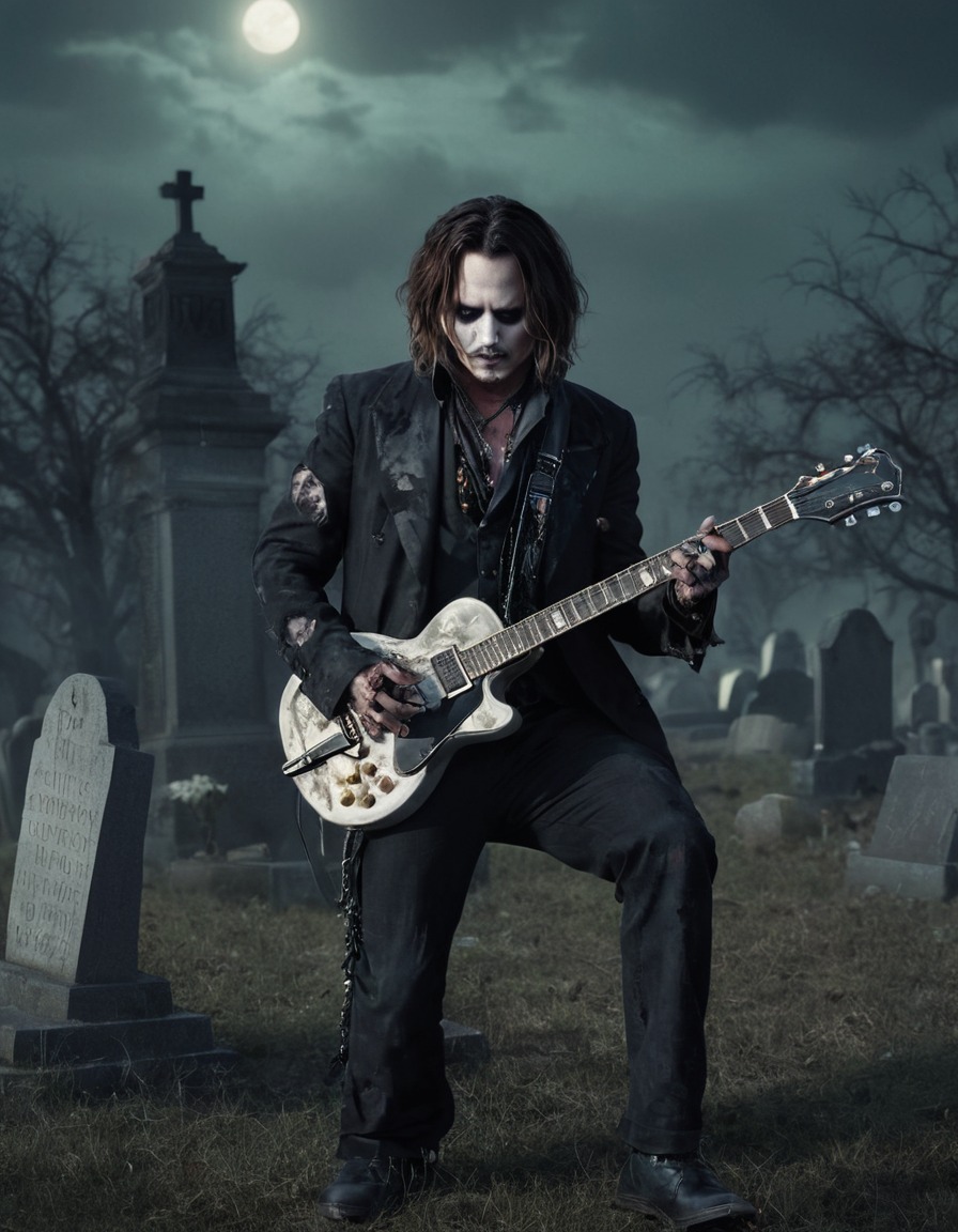 johnny depp, zombie, guitar, graveyard, music., celebrities