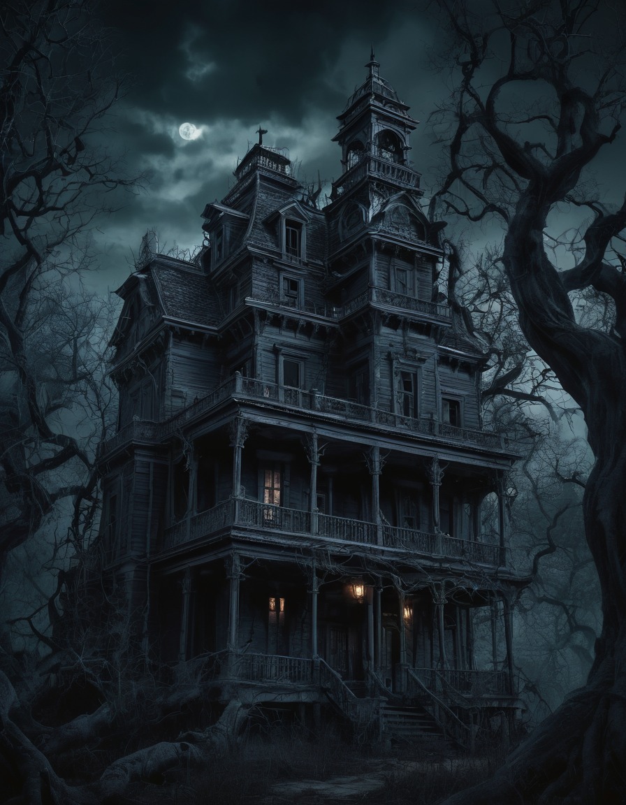 haunted mansion, darkness, gnarled trees, spooky, gothic, underground, dark