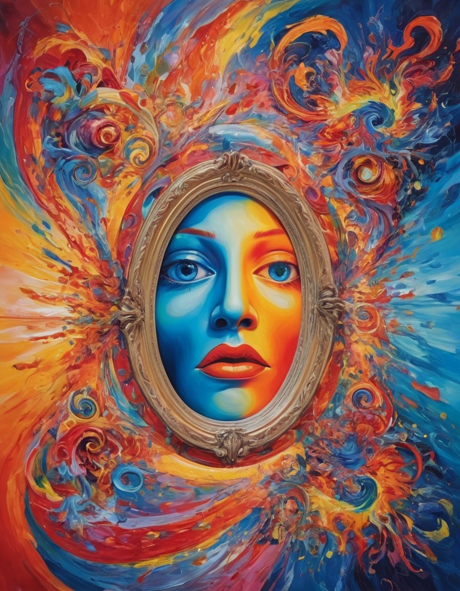 mirror, emotions, swirling colors, self-reflection, surreal