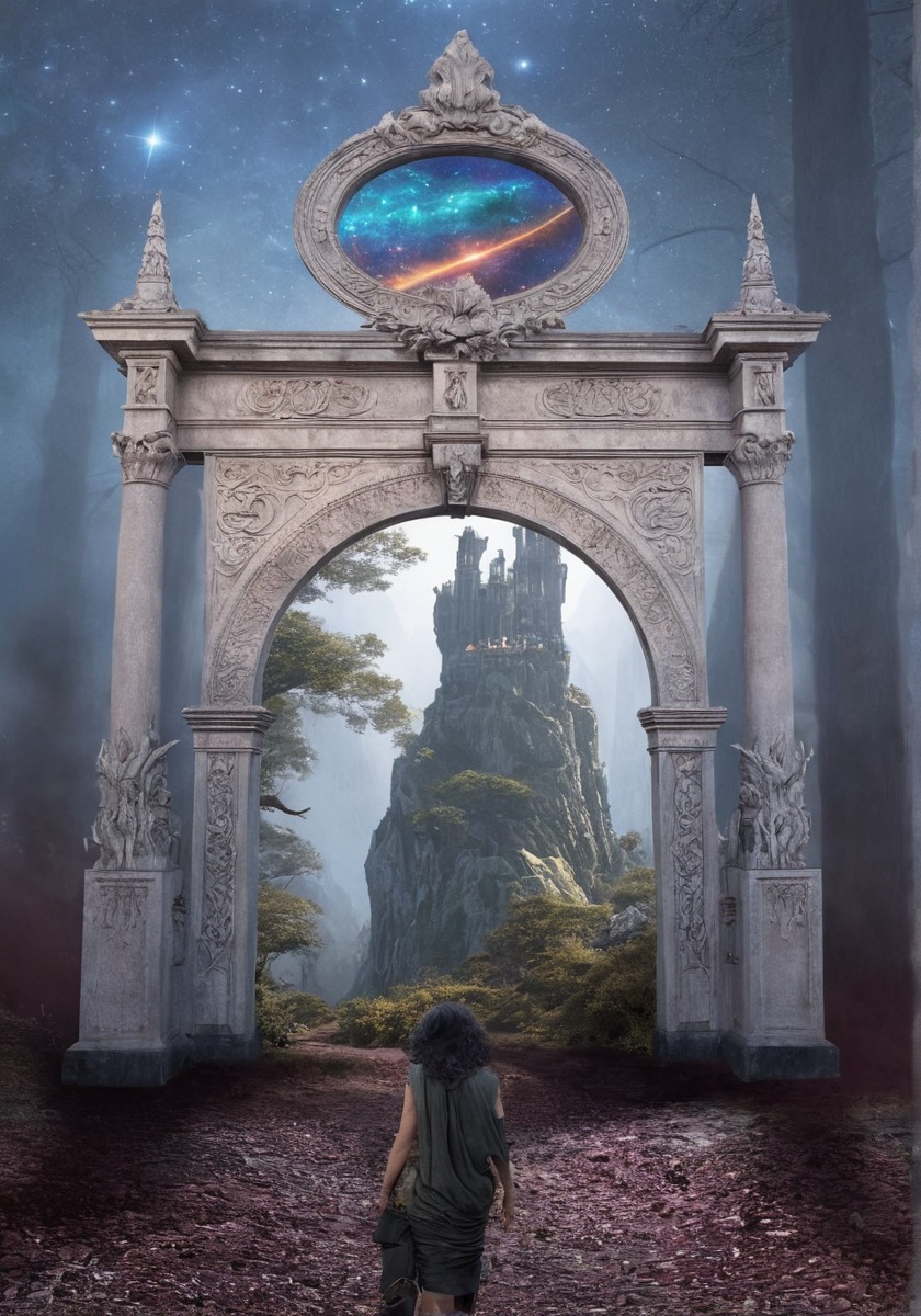 castle, dream, fantasy, forest, gate, man, photomanipulation, portal, surreal