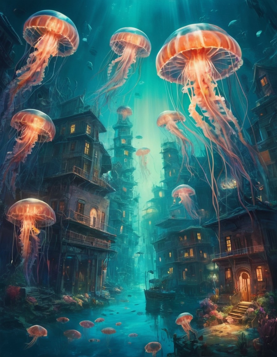 underwater, city, glowing, jellyfish, buildings, surreal