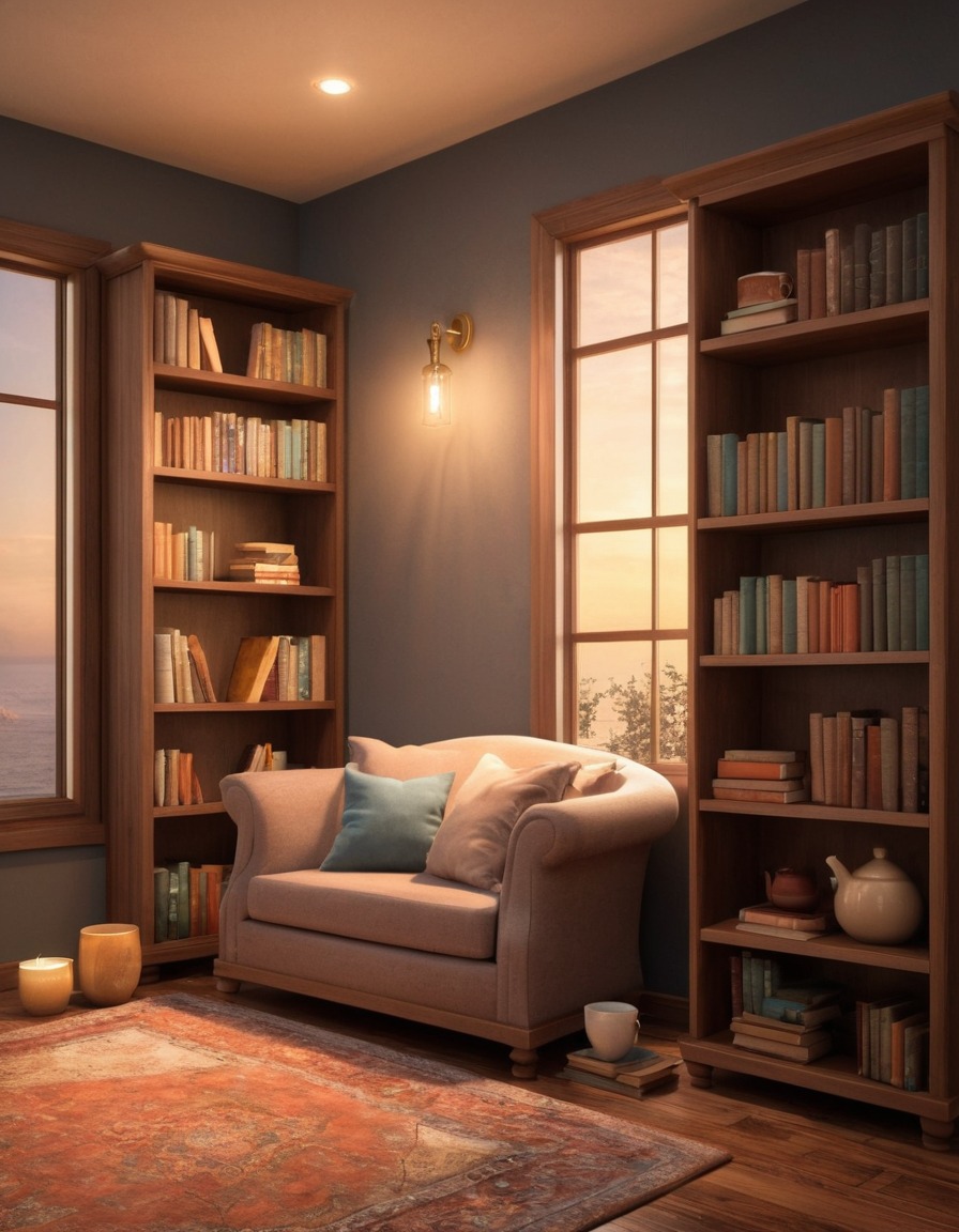 reading nook, bookshelf, books, tea, cozy, relaxation, home, interior