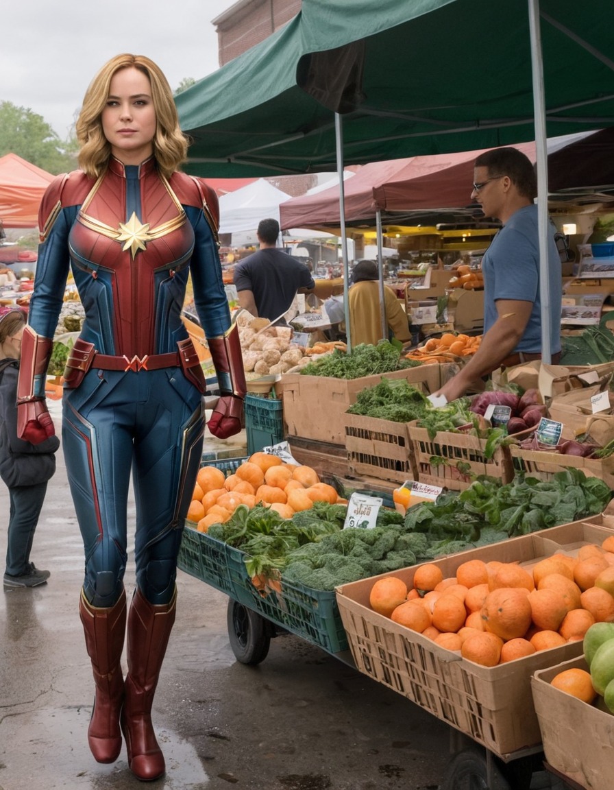 superhero, shopping, farmers market, captain marvel, marvel comics, superheroine, bikini