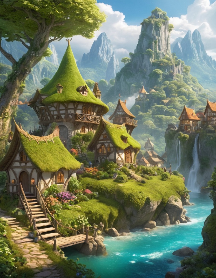 fairies, elves, village, lush landscape, peaceful, fantasy, fantastic