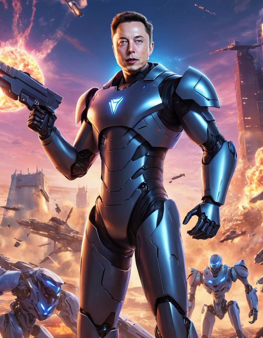 elon musk, futuristic, anime, hero, robots, humanity, battle