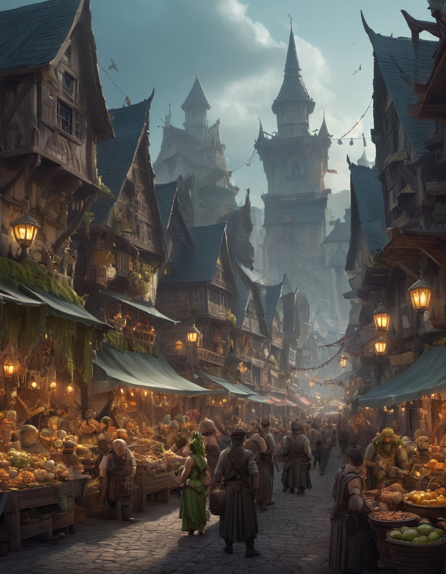 fantasy, marketplace, bustling, diverse characters, trading, fantastic