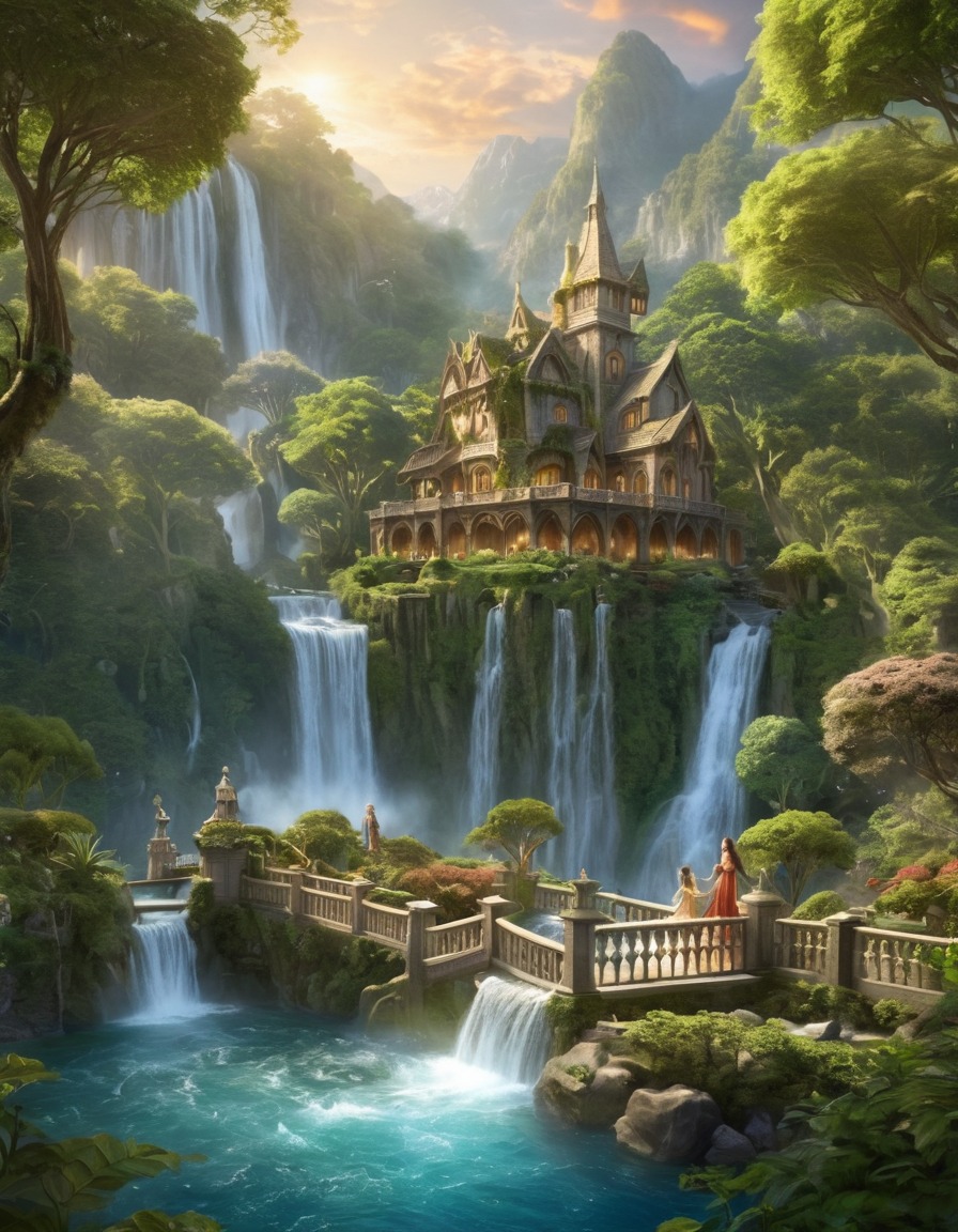 fantasy, elves, rivendell, garden, waterfalls, john tolkien, tolkien