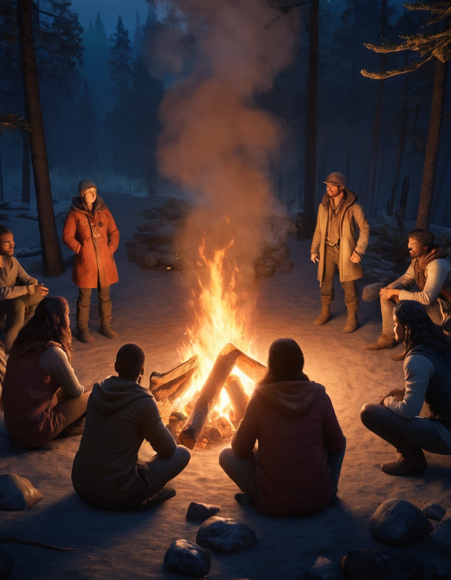 campfire, survivors, storytelling, post-apocalyptic, fallout, games, tv shows