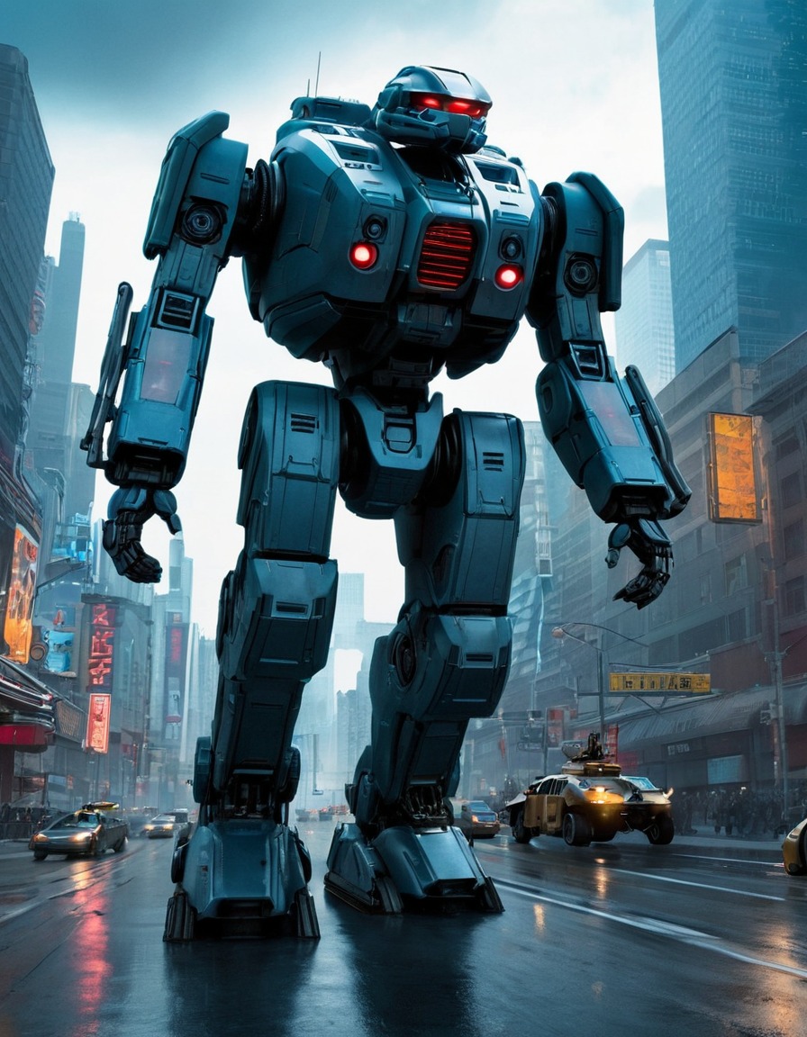 ed-209, robocop, futuristic, cityscape, sci-fi, technology, law enforcement, robots, games, movies