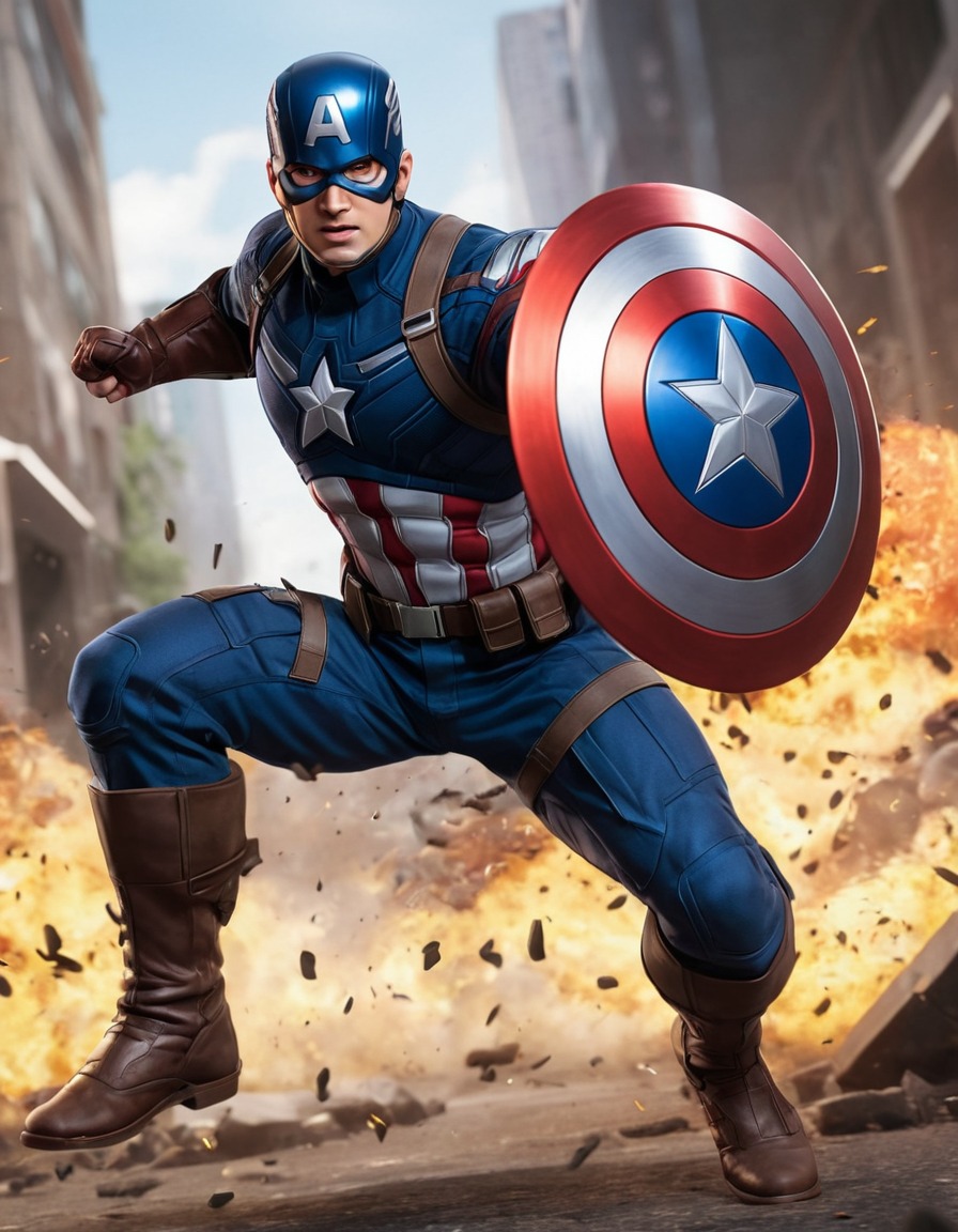 captain america, superhero, shield, battle, dynamic pose, anime, marvel